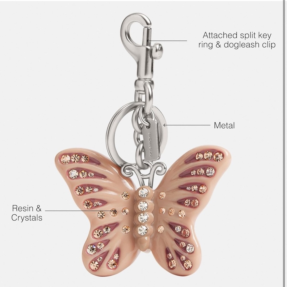 Coach Pink Butterfly Bag Charm with Crystals and Keychain - New - Picture 3 of 8